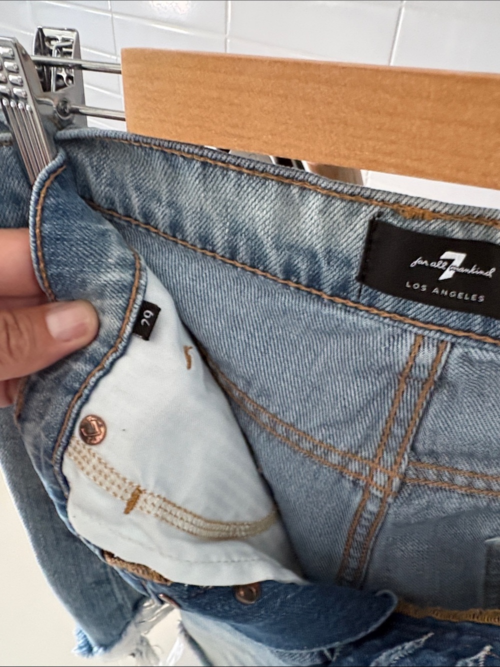 7 For All Mankind Light Blue Distressed Denim Shorts - Picture 3 of 3